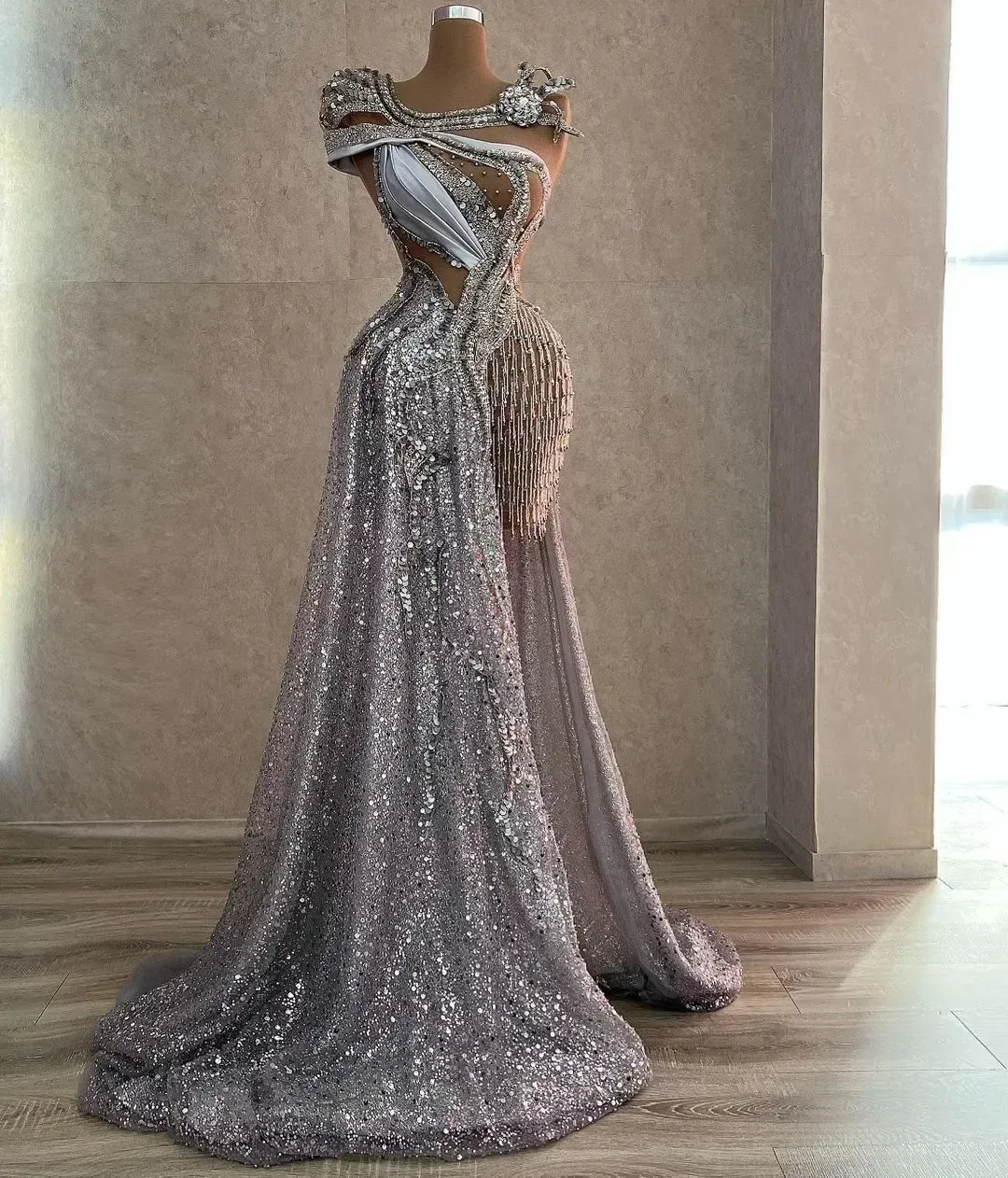 NEW Arabic Aso Ebi Sparkly Silver Luxurious Formal Occasion Prom Dresses Beaded Crystals Evening Formal Party Second Reception Birthday Engagement Gow