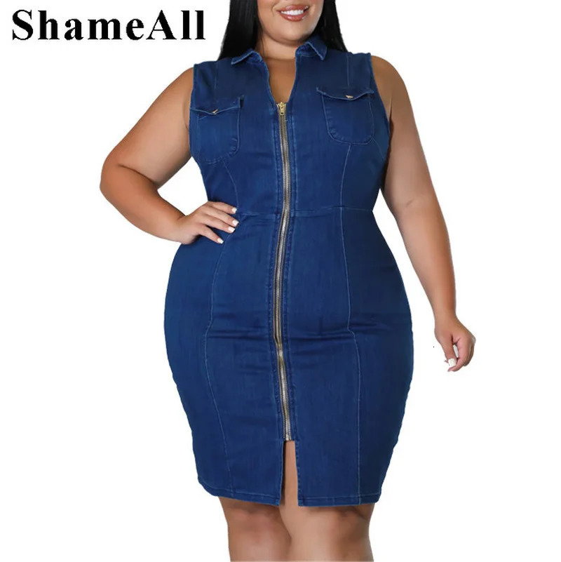 Plus Size Turn Down Collar Super Stretchy Jean Bodycon Dress 4xl Summer Front Zipper Pinafore Dress Sleeveless Club Jumper Skirt 240229