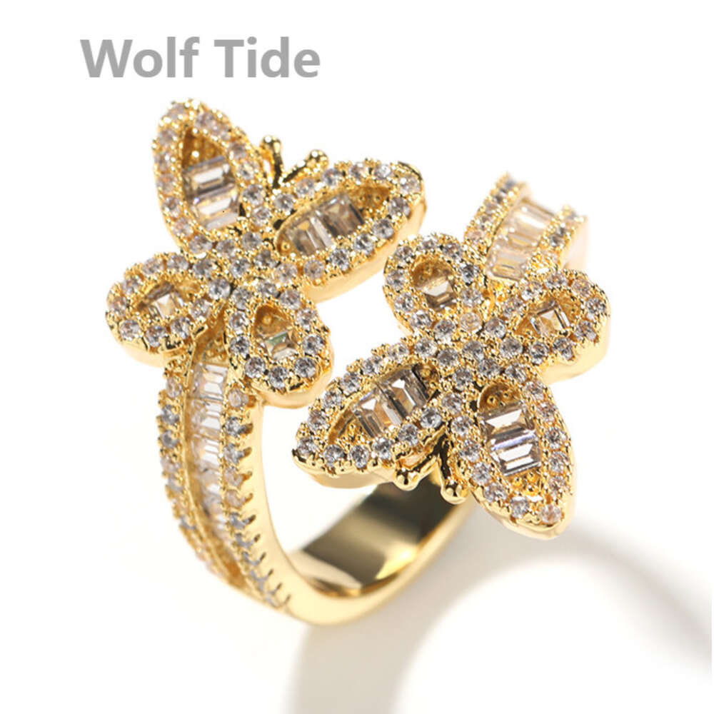 Bling Butterfly Adjustable Cuff Ring Diamond Open Finger Rings For Women Cubic Zircon Fashionable Hip-hop Personalized Aesthetic Gold Plated Rapper Je