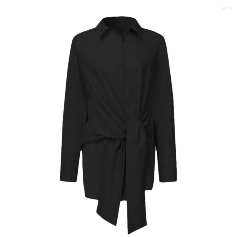 Women's Blouses White Black Blue Waist Lacing Buttons Asymmetric Shirt Women Chic Turn Down Collar Tops Long Sleeve Fashion Bluas
