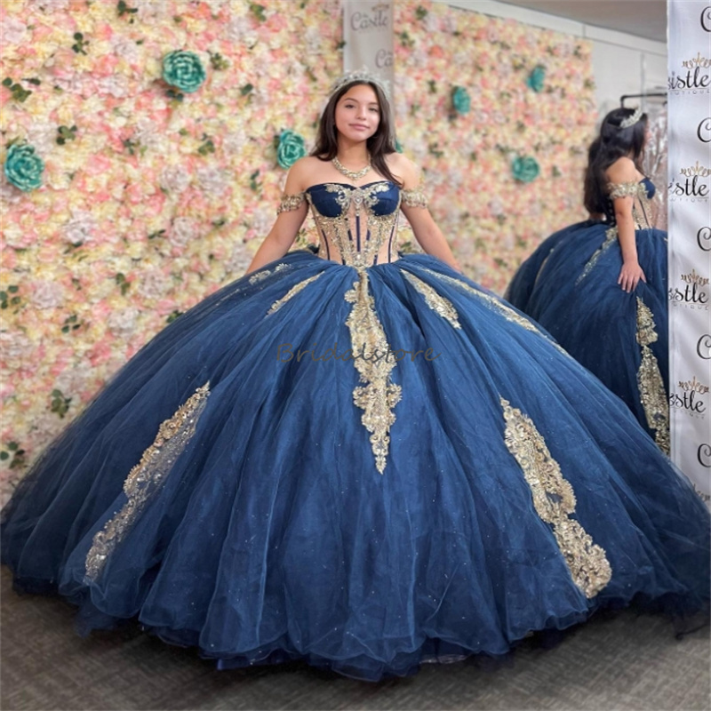 Pricess Navy Blue Quinceanera Dress 2025 Ballkleider Sparkle Vestido De 15 Xv Anos Debutante Birthday Dress With Gold Lace Sweet 16 Party Gown Elegant