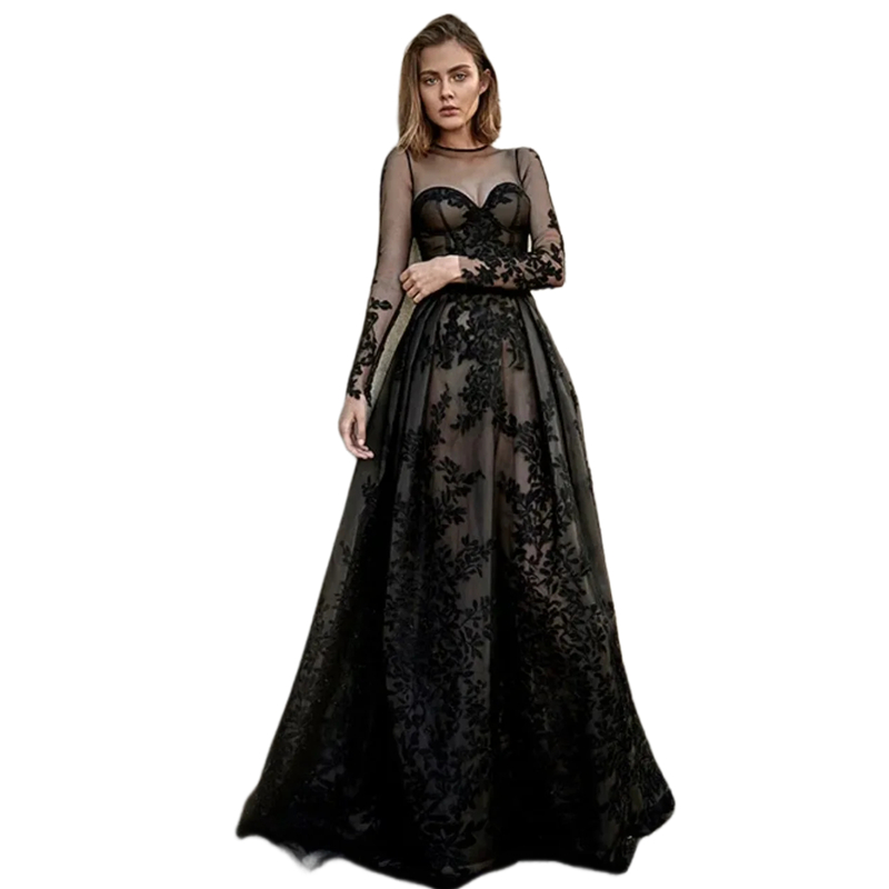 Vintage A Line Black Gothic Wedding Dresses Lace Appliques Illusion Jewel neck Long Sleeves Vintage Bridal Gowns Vestido De Noiva