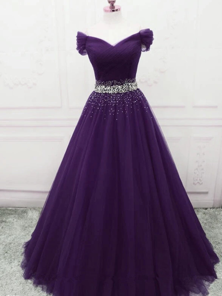Purple Dark Prom Formal Dress Off Shoulder Sequins Beaded Lace Up Long Tulle Women Girl Evening Birthday Dresses Robe De Soiree es