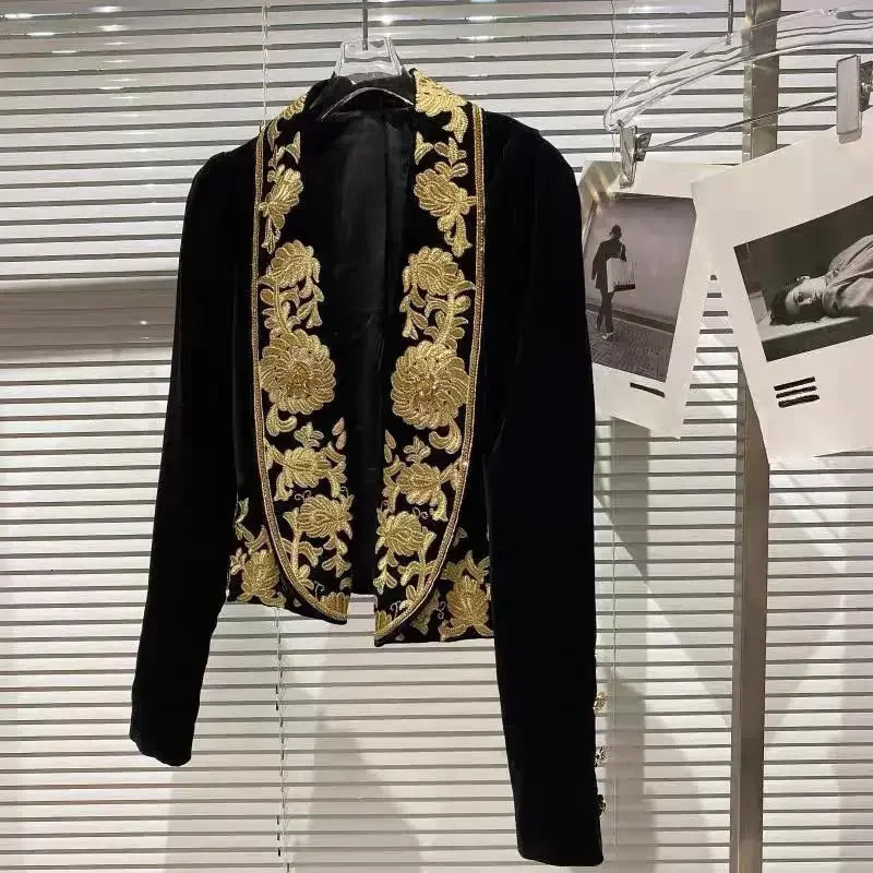 Spring Autumn Jacket Black women Small Blazer Embroidered Flower Velvet Suit Short Coat 240226