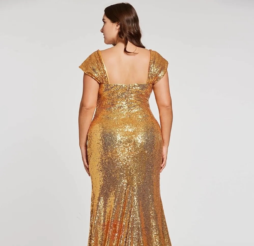 Mermaid Evening Dresses Sparkly Gold Sequined Plus Size Prom Square Neck Zipper Back Floor Length Ruched New Pageant Dress