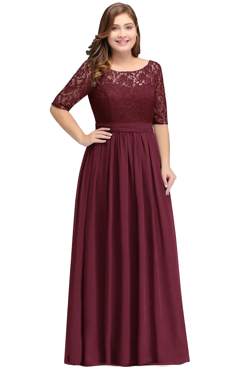 Bury Bridesmaid A 3/4 Aleeved Chiffon Dress With Lace Bodice Illusion Sleeve Fully Ed Zip Up Back Dresses Cps522 Lz0304