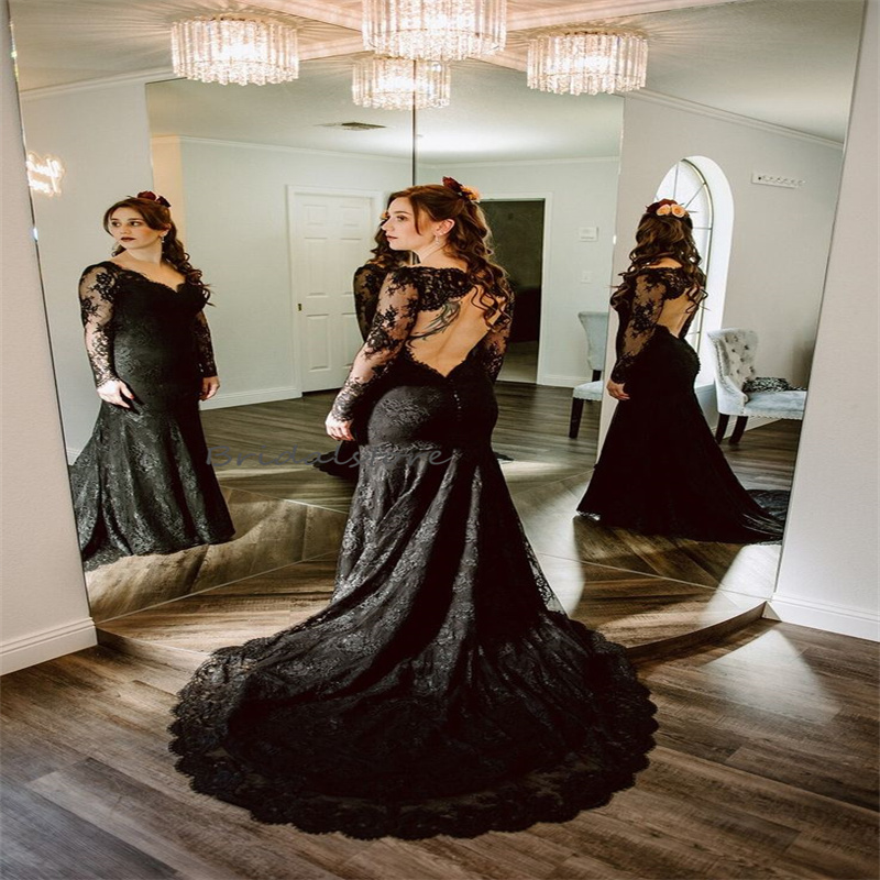 Vintage Black Gothic Wedding Dress 2024 V Neck Long Sleeve Mermaid Halloween Bridal Dress Open Back Full Lace Boho Country Civil Bride Robes De Mariee