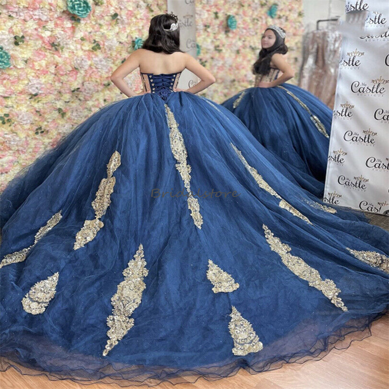 Pricess Navy Blue Quinceanera Dress 2025 Ballkleider Sparkle Vestido De 15 Xv Anos Debutante Birthday Dress With Gold Lace Sweet 16 Party Gown Elegant