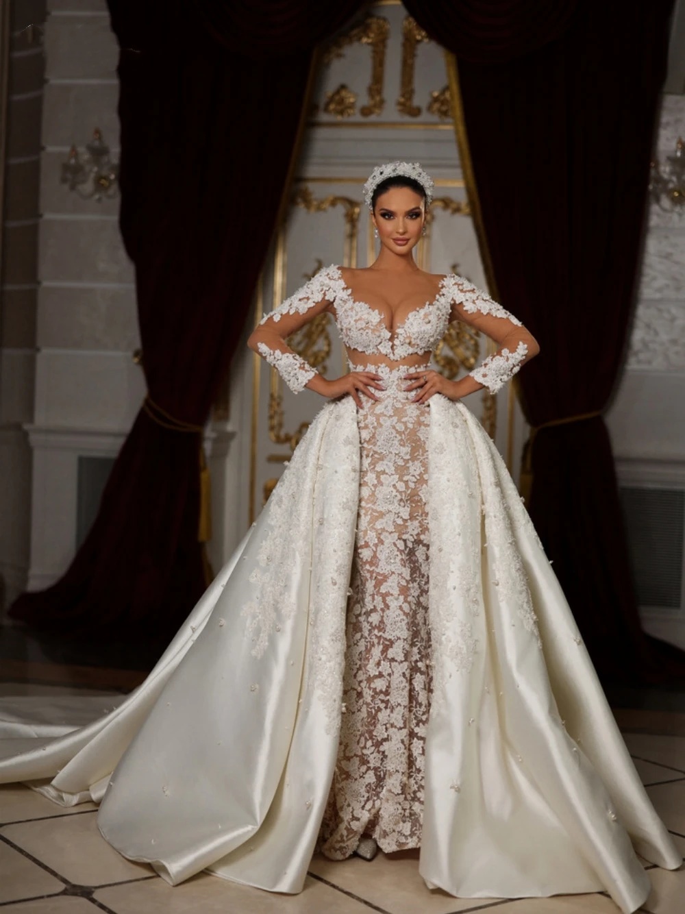 Lace Mermaid Graceful Wedding Dress Pearls Applique Strapless Bridal Gowns with Overskirts Bride Dresses Custom Made Vestido De Novia es