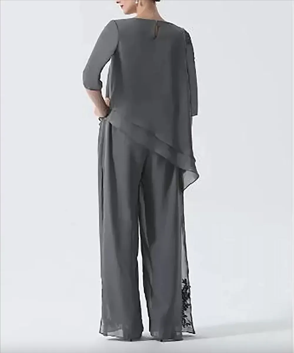 Jumpsuit Pantsuit Mother Of The Bride Dresses Plus Size Jewel Neck Or Length Chiffon Sleeve Evening Gowns Lace Appliques Women Party Formal Wear