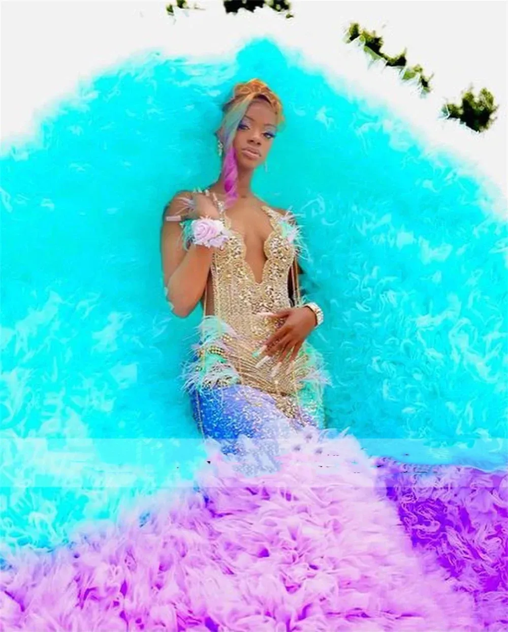 Elegant Lake Blue And Purple Prom Dresses Feathers Tulle Ruched Crystal Beading Mermaid Formal Eevning Ocn Gowns For Black Girl