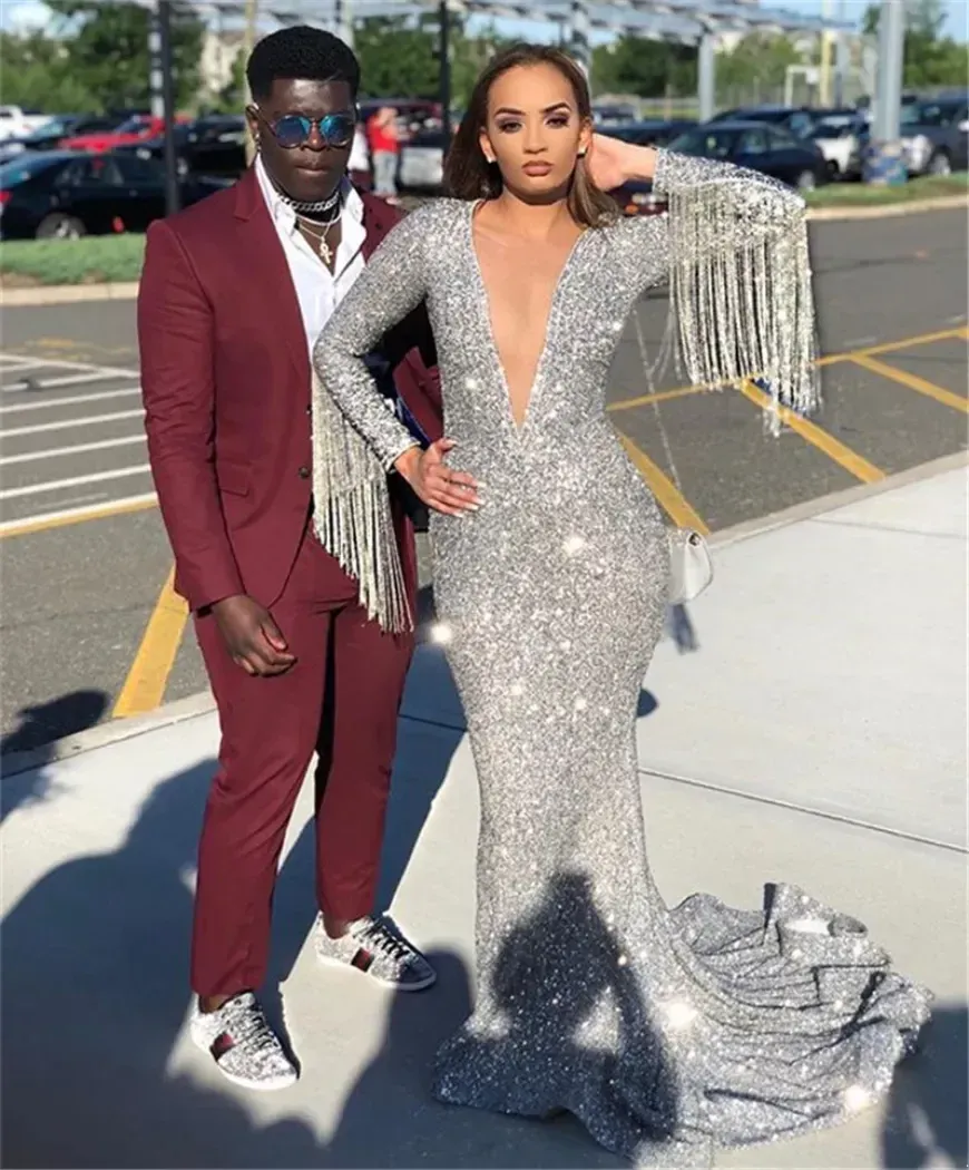 Sparkly Tassels Sier Long Sleeves Mermaid Prom Sexy African Plus Size Evening Gown Black Girl Formal Party Dresses 6660305