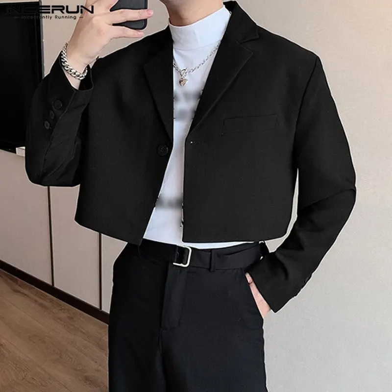 Men Blazer Solid Color Lapel Long Sleeve Autumn Casual Suits One Button Streetwear Fashion Male Crop Coats S5XL INCERUN 240223