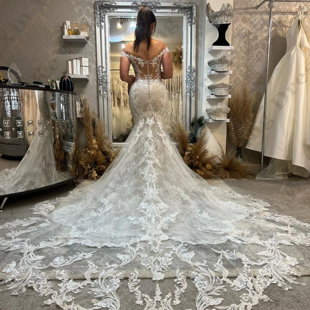 Boho Lace Mermaid Wedding Dresses Chapel Train Off The Shoulder Sexy Beach Bridal Gowns Sleeeless Bohemian Bride Formal Wear 2024 Vestido De Novia 021