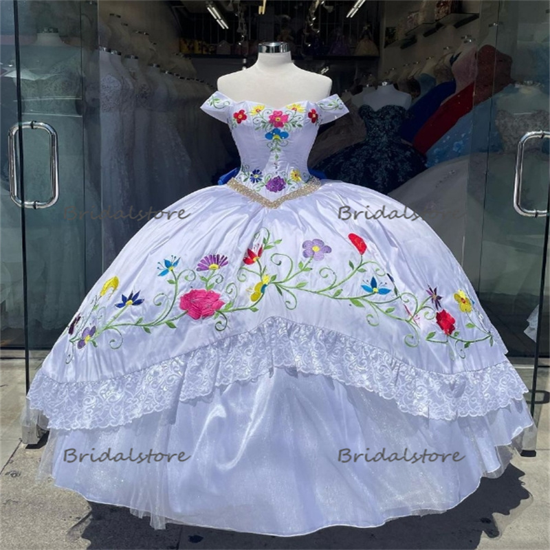 Embroidered Mexican White Quinceanera Dresses Culture Charro Vestidos De Novia Mexico With Blue Bow vestido para 15 quinceanera Robe De Mariee Boda 20
