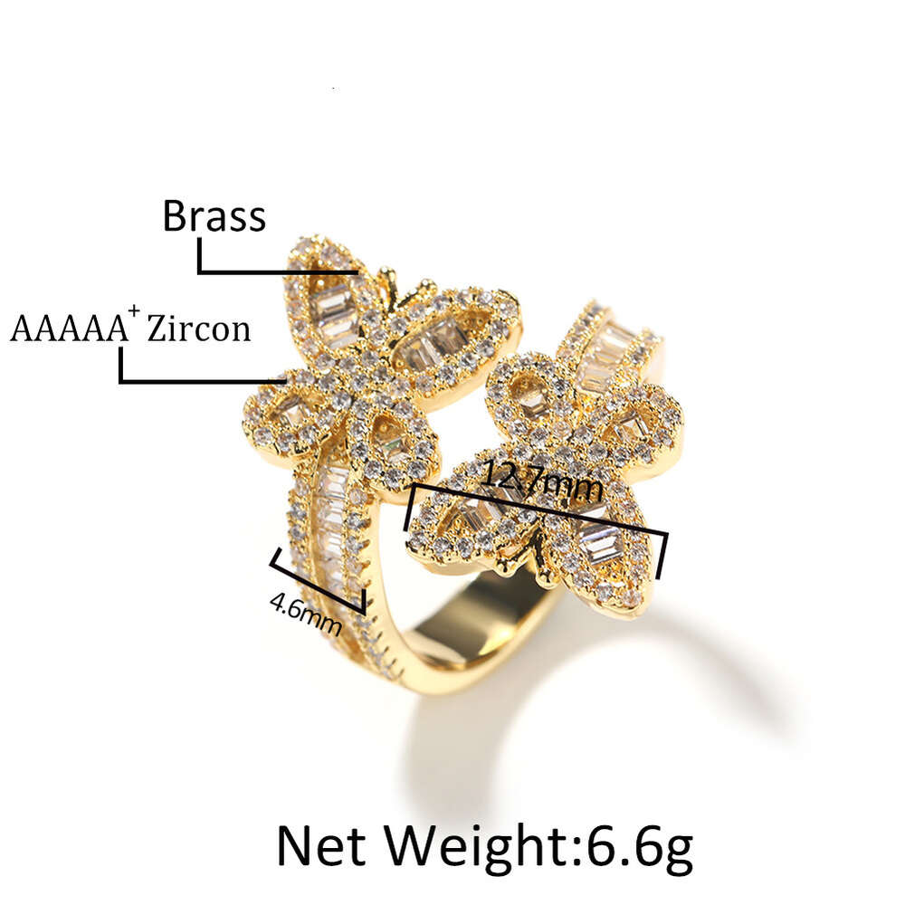 Bling Butterfly Adjustable Cuff Ring Diamond Open Finger Rings For Women Cubic Zircon Fashionable Hip-hop Personalized Aesthetic Gold Plated Rapper Je