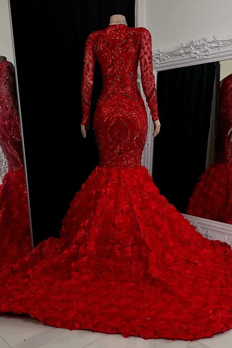 Elegant Bury Lace Sequin Mermaid Prom Dresses Black Girls V Neck Long Sleeves Sweep Train Formal Ocn Evening Gowns Real Image Bc15403 6660305