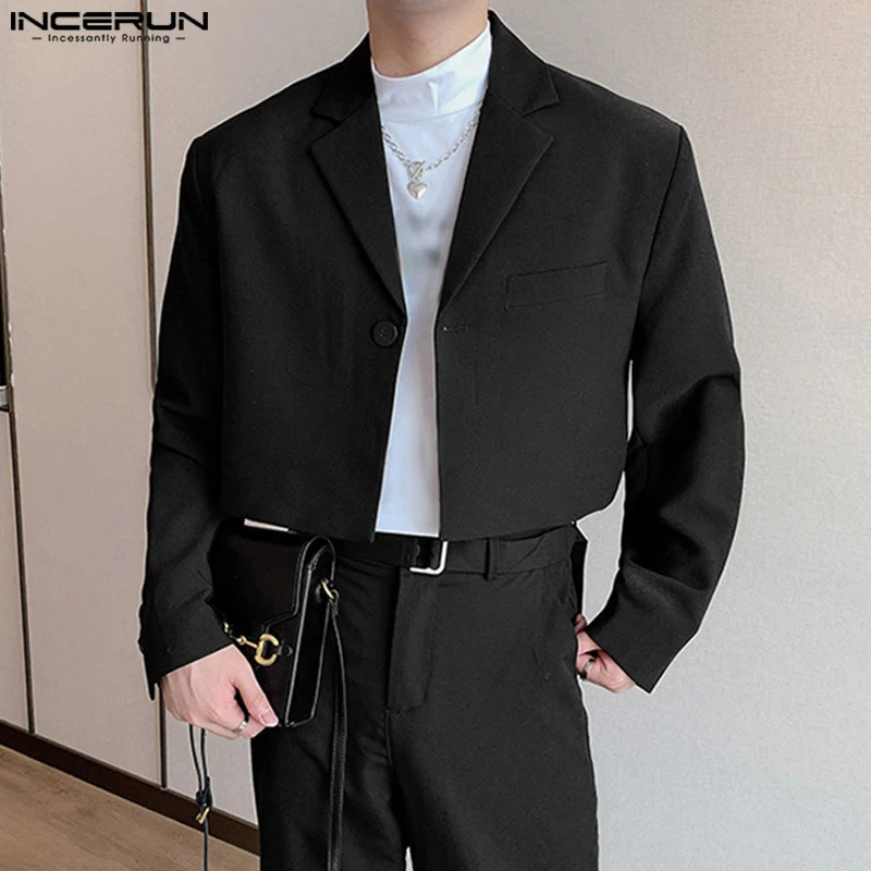 Men Blazer Solid Color Lapel Long Sleeve Autumn Casual Suits One Button Streetwear Fashion Male Crop Coats S5XL INCERUN 240223