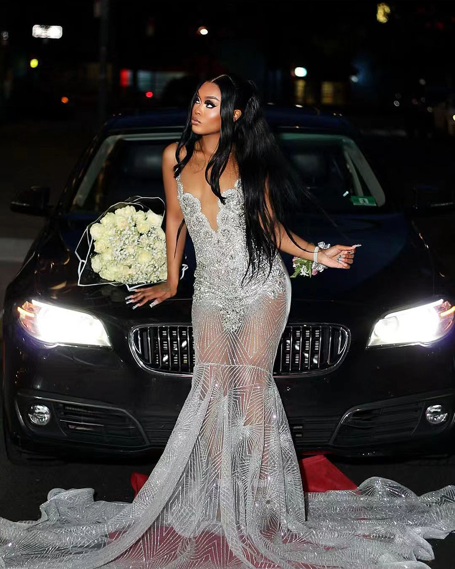 Sparkly Sier Sequin Prom Dress 2024 See Through Plus Size Dia Crystal Evening Gowns Black Women Formal Birthday 326 Lz0304