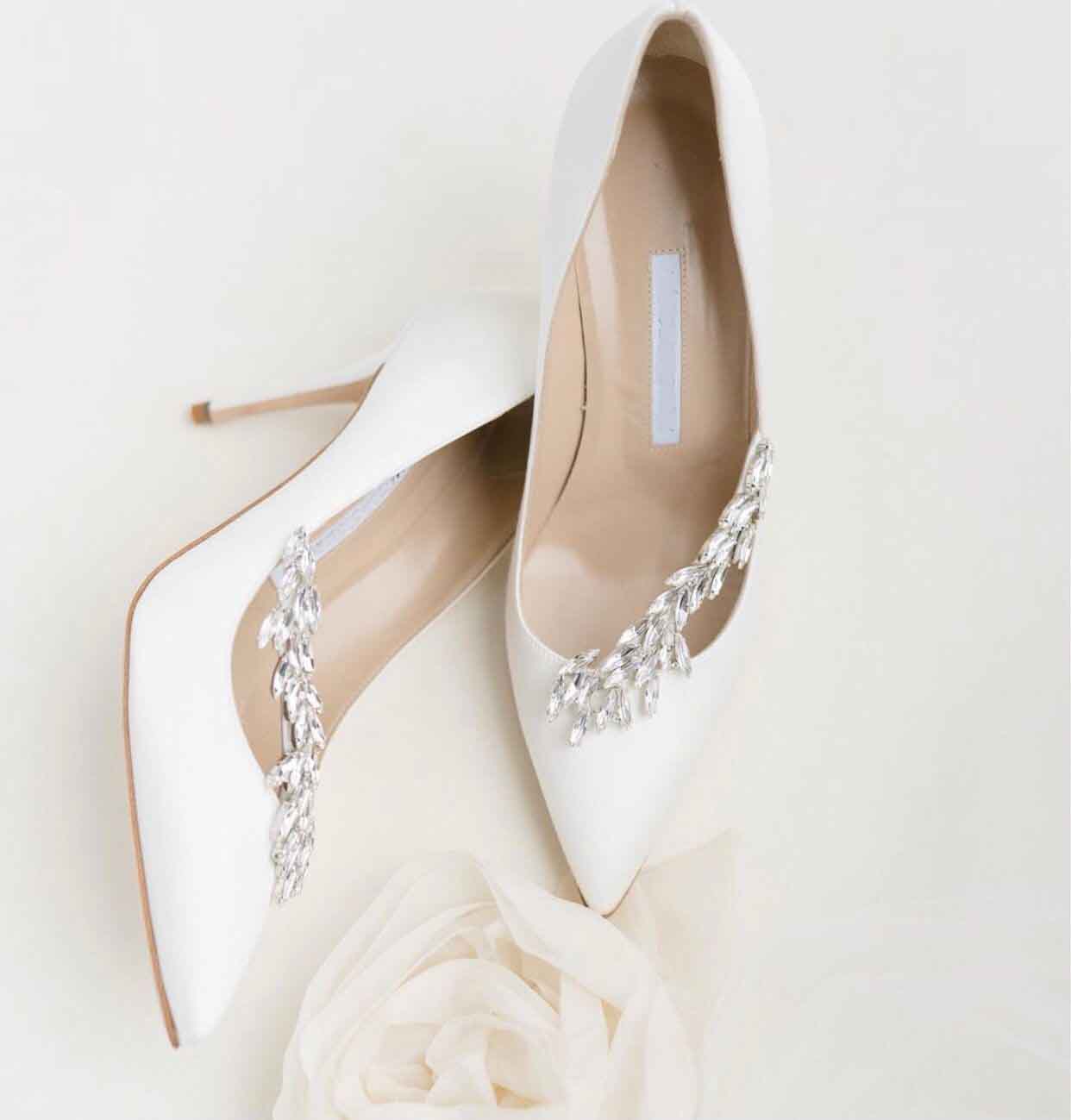 Nadira Satin Jewel Buckle Dress Sandals Shoes Stiletto High Heel Pointed Toe Lady Pumps Women's Crystal Leaf Embellishment Party Wedding EU35-42