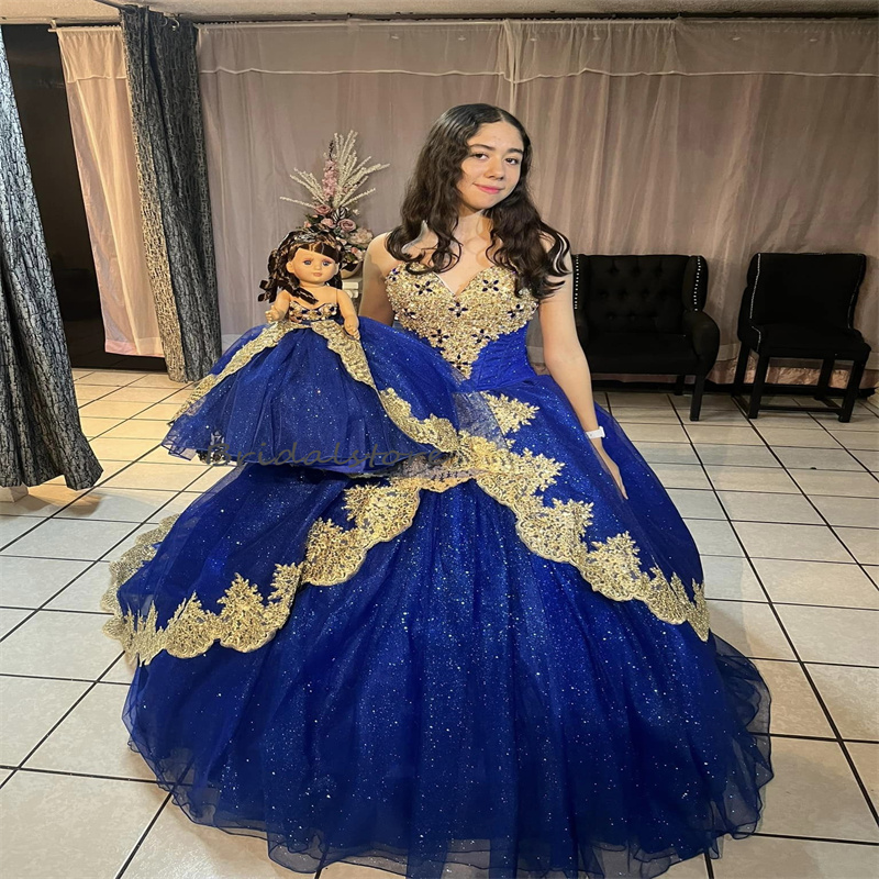 Glitter Blue Quinceanera Dress 2024 Ballkleider Sparkle Vestido De 15 Xv Anos Debutante Birthday Dress With Gold Lace Sweet 16 Party Gown Elegant Page