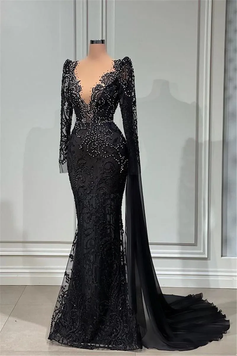 Vintage Black Lace Mermaid Evening Dresses With White Beads Sheer Deep V Neck Long Sleeve Appliques Ocn Party Gowns Prom Vestidos Bc14999 0514