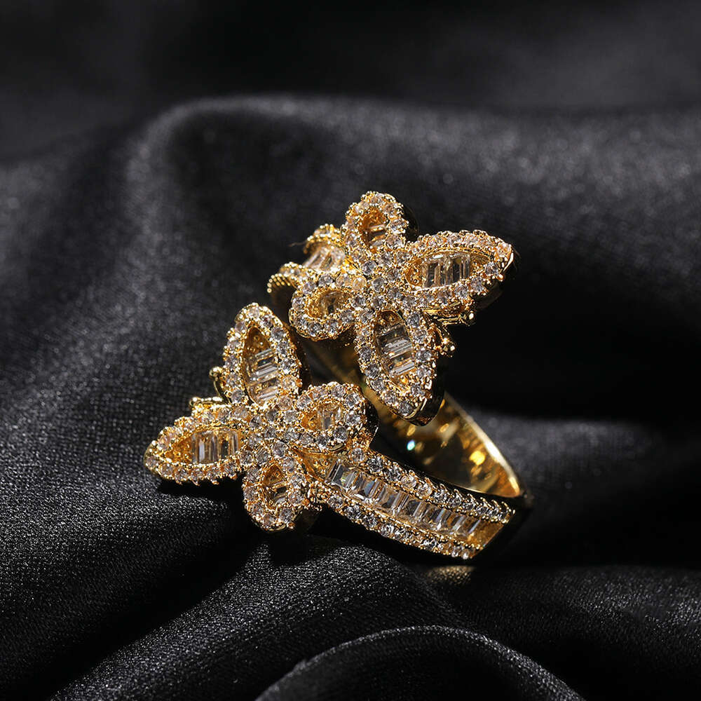 Bling Butterfly Adjustable Cuff Ring Diamond Open Finger Rings For Women Cubic Zircon Fashionable Hip-hop Personalized Aesthetic Gold Plated Rapper Je