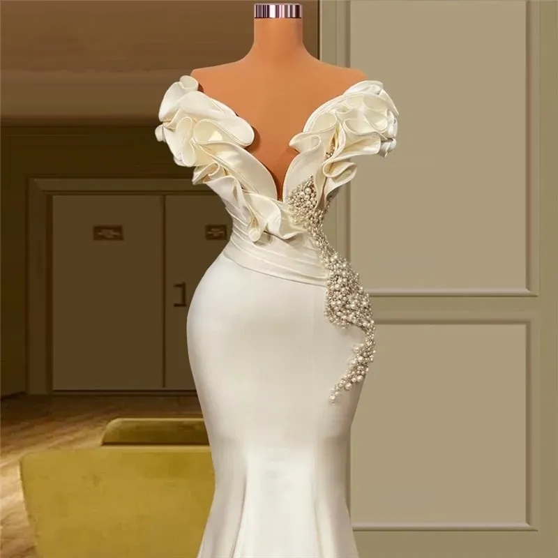 Dubai Vintage Saudi Arabia Pearls Mermaid Wedding Dresses Sexy Off the Shoulder Elegant Ivory Satin Ruffles Gowns Boho Country Reception Robes Custom