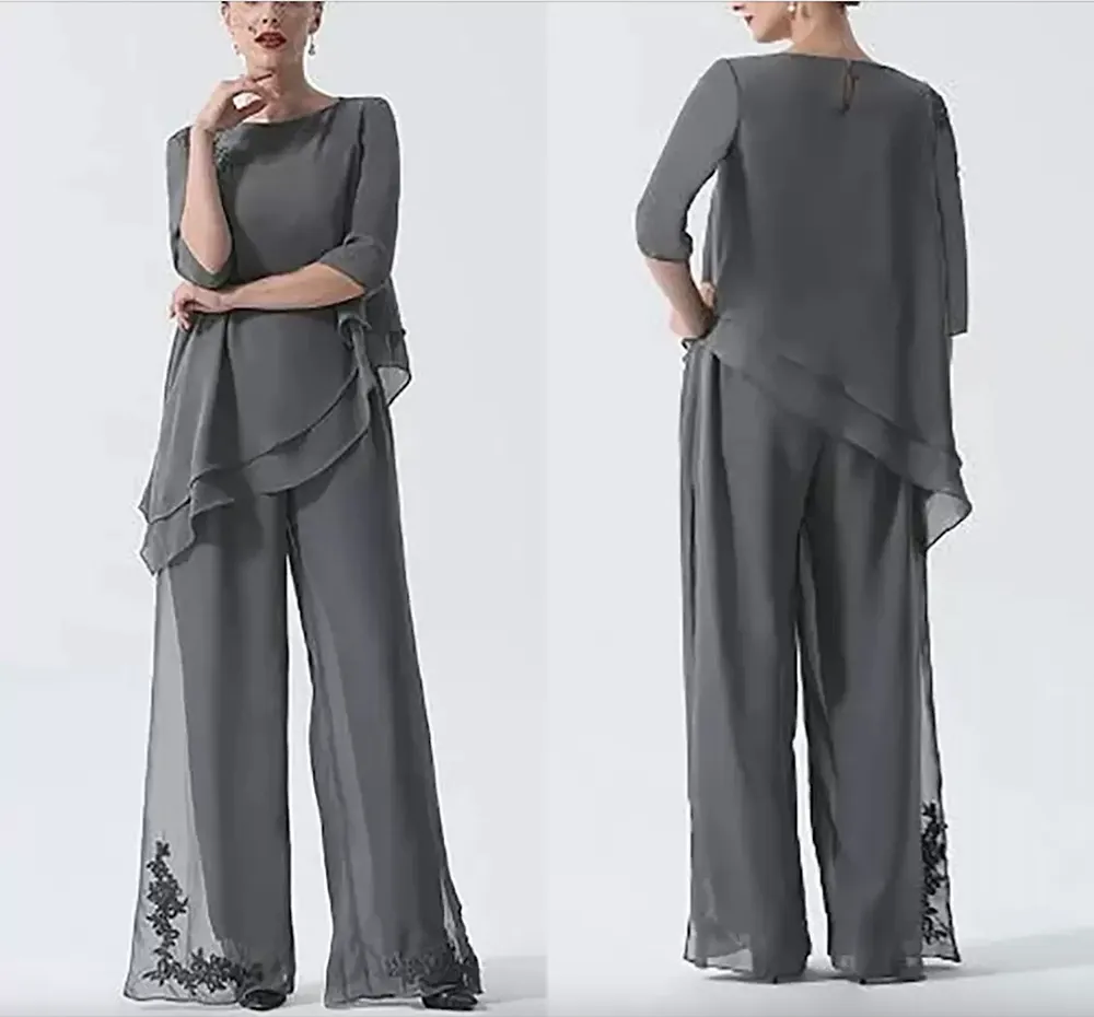 Pantsuit Jumpsuit Mother of the Bride Dresses Plus Size Jewel Neck Floor Length Chiffon Sleeve Evening Gowns Lace Appliques Women Party Formal Wear