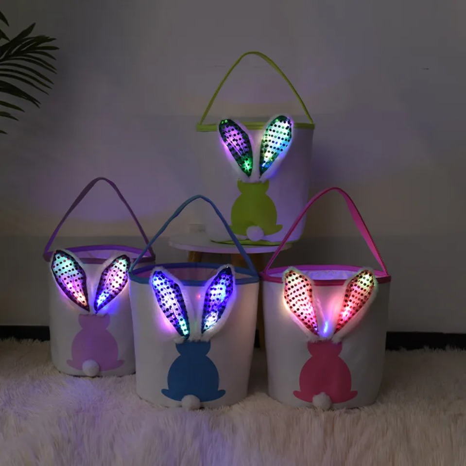 LED Light Flashing Sequin Bunny Easter Handbag Rabbit Egg Basket Hunt Bags Canvas Cotton Bucket Tote With Fluffy Tail For Kids Party Decoration Fy8648