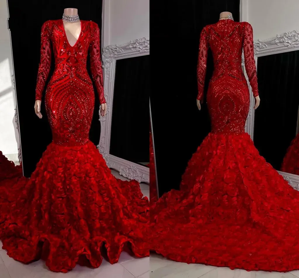 Elegant Bury Lace Sequin Mermaid Prom Dresses Black Girls V Neck Long Sleeves Sweep Train Formal Ocn Evening Gowns Real Image Bc15403 6660305