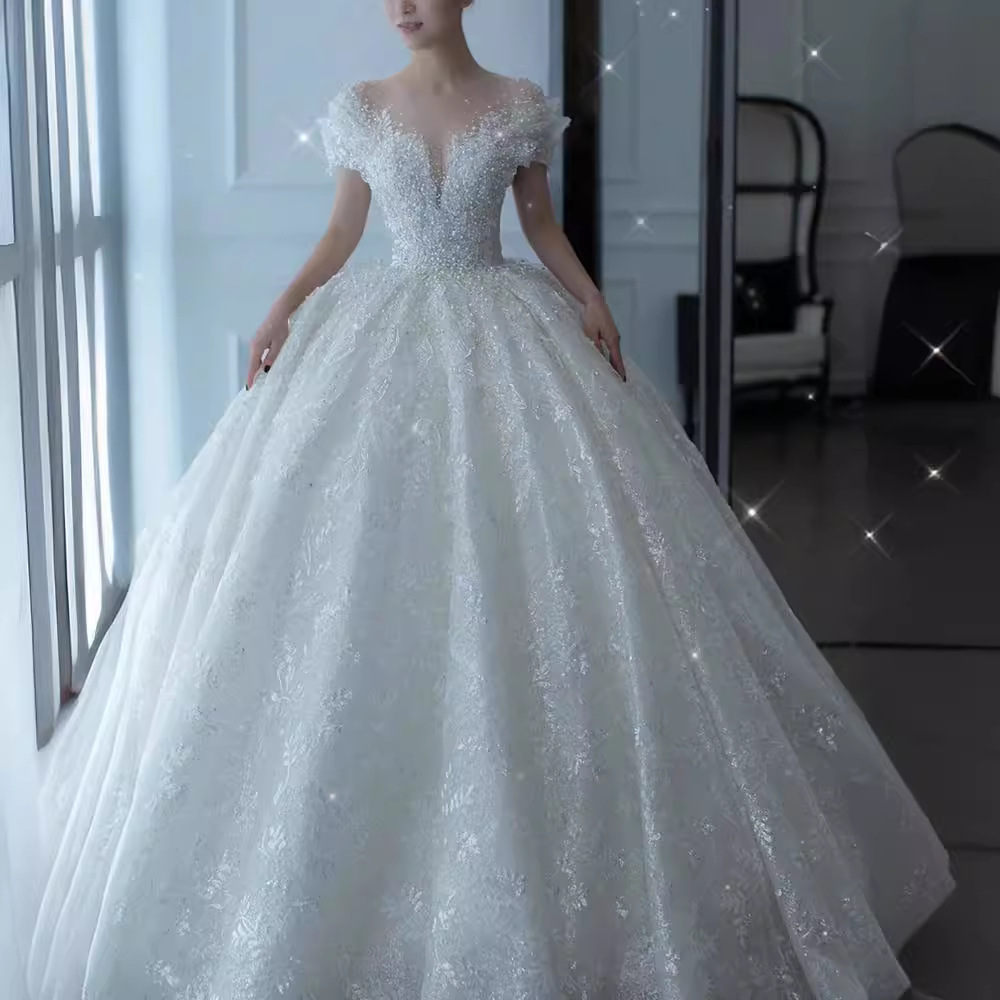 Illusion Bodice Short Sleeves A Line Wedding Dresses Crystal Lace Appliqued Sweep Train Plus Size Wedding Bride Gown vestido de novia