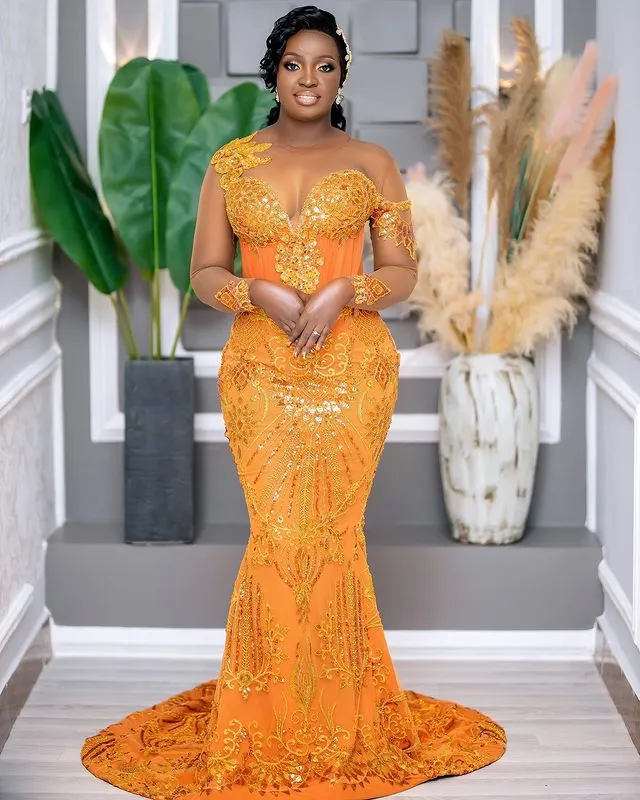 Aso Ebi Arabic Orange Mermaid Prom Dress Sequined Lace Evening Formal Party Second Reception Birthday Engagement Gowns Dresses Robe De Soiree