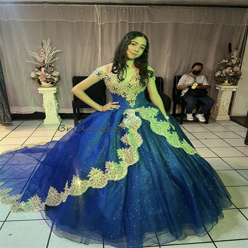 Glitter Blue Quinceanera Dress 2024 Ballkleider Sparkle Vestido De 15 Xv Anos Debutante Birthday Dress With Gold Lace Sweet 16 Party Gown Elegant Page
