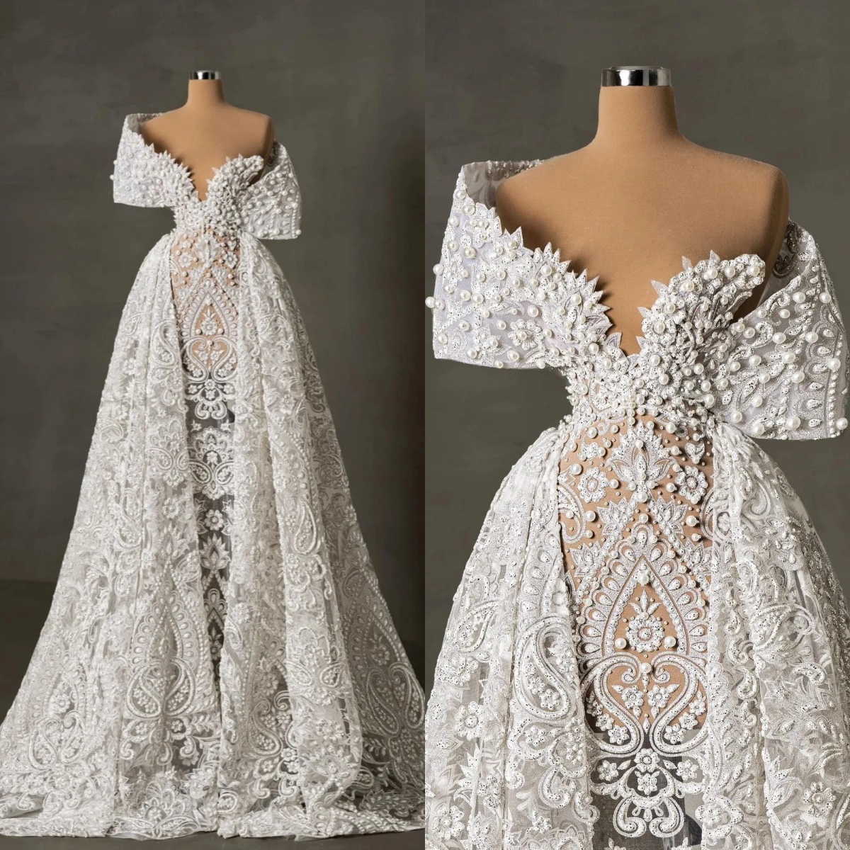 Shoulder Wedding Off Dress Pearl Strapless Mermaid Bridal Gowns Detachable Train Illusion Short Sleeves Bride Dresses Custom Made Es 0914