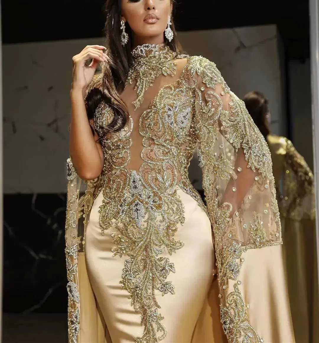 Champagne Urious Satin Mermaid Evening Dresses Lace Beaded Crystals Prom Dress With Sheer High Neck Long Sleeves Party Second Reception Gowns 2023