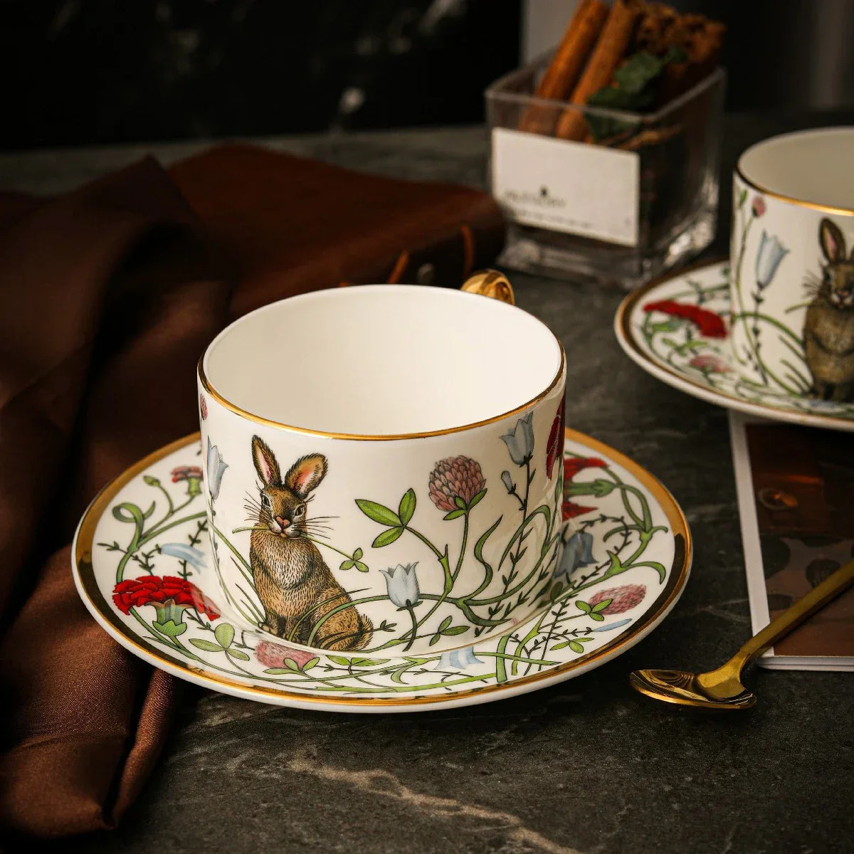 Russian Royal Porcelain Lomonosov Cartoon Rabbit Gold Plated Bone China Coffee Cup and Saucer Gift Box Set 240301