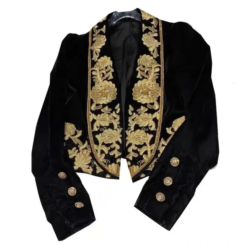 Spring Autumn Jacket Black women Small Blazer Embroidered Flower Velvet Suit Short Coat 240226