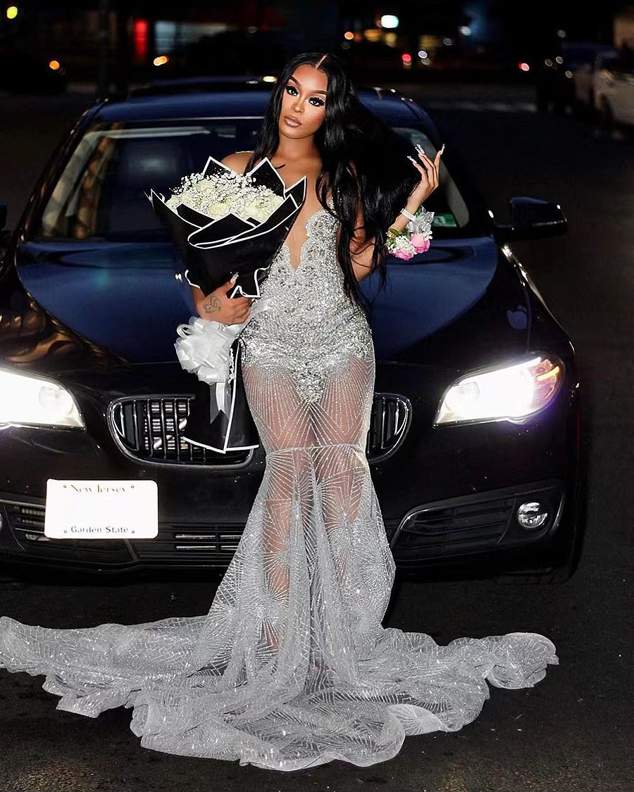Sparkly Sier Sequin Prom Dress 2024 See Through Plus Size Dia Crystal Evening Gowns Black Women Formal Birthday 326 Lz0304