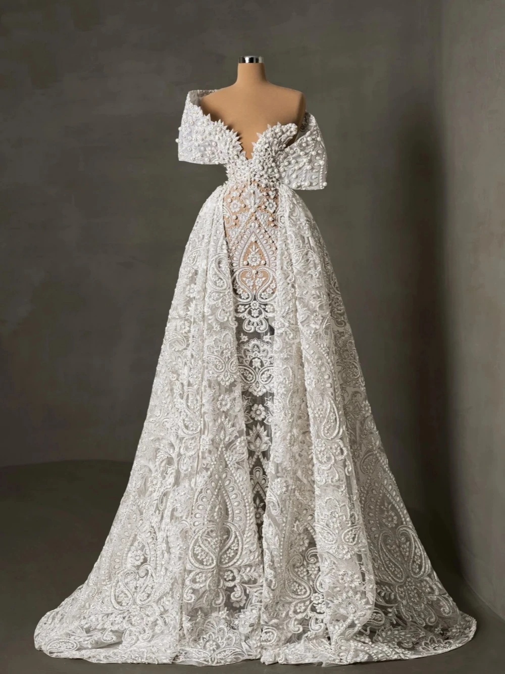 Shoulder Wedding Off Dress Pearl Strapless Mermaid Bridal Gowns Detachable Train Illusion Short Sleeves Bride Dresses Custom Made Es 0914