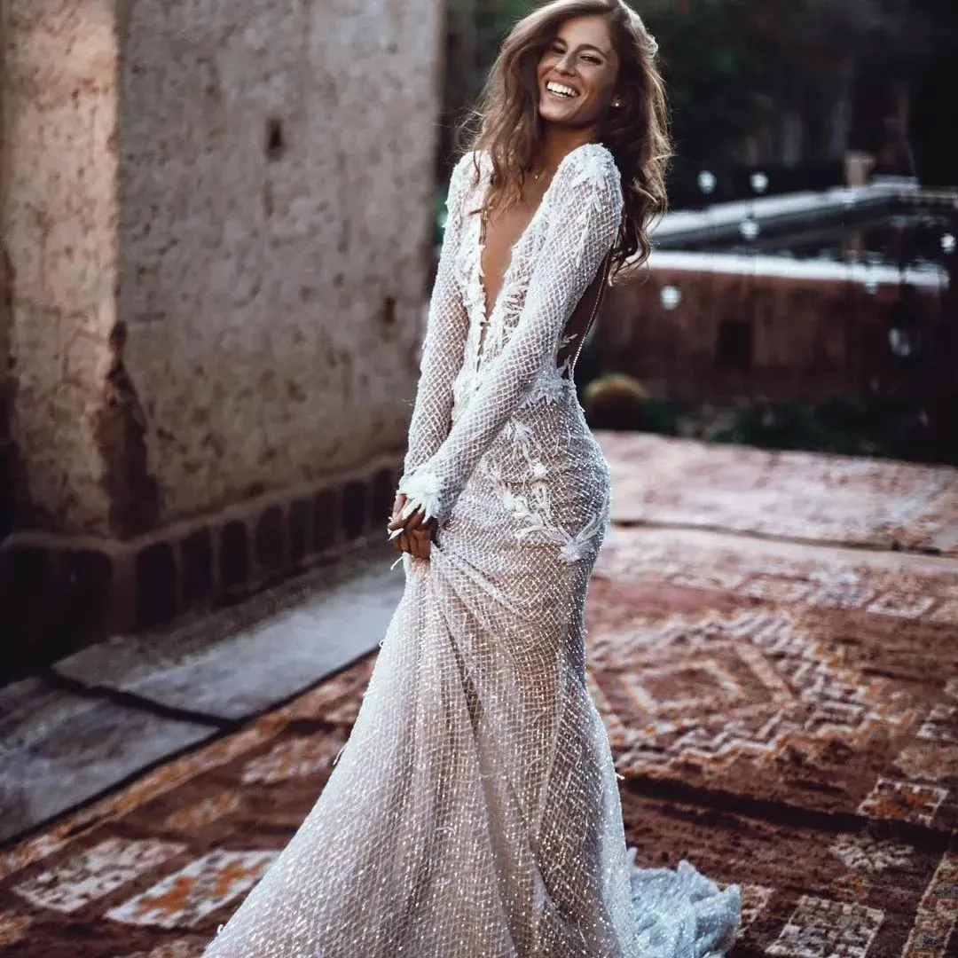 Backless Sexy Mermaid Long Sleeve Wedding Dresses Bling Sequins Beads Plunging V Neck Summer Beach Boho Bridal Gown BC15145