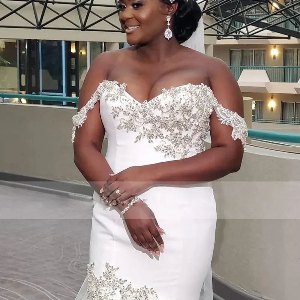 White African Girl Mermaid Wedding Dresses Off The Shoulder Crystal Bridal Gown Tulle Puffy Bottom Garden Vestidos De