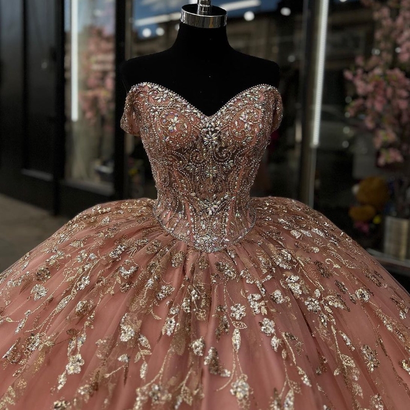 Pink Shiny Quinceanera Dresses Ball Gown Sequin Gold Appliques Lace Beading Crystal Sweet 16 Dress Vestido De 15 Anos