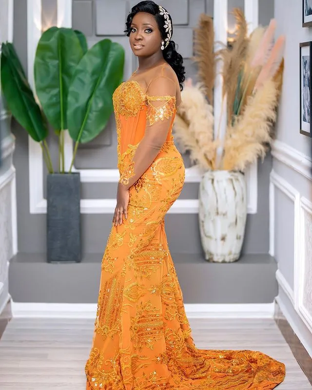 Aso Ebi Arabic Orange Mermaid Prom Dress Sequined Lace Evening Formal Party Second Reception Birthday Engagement Gowns Dresses Robe De Soiree
