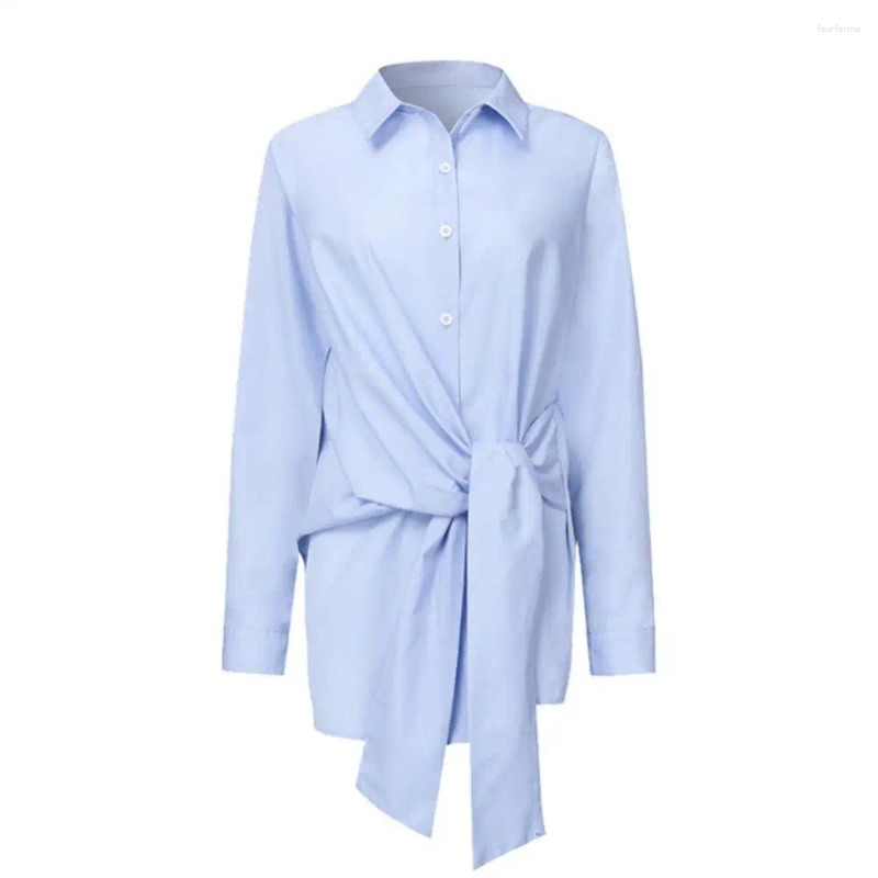 Women's Blouses White Black Blue Waist Lacing Buttons Asymmetric Shirt Women Chic Turn Down Collar Tops Long Sleeve Fashion Bluas