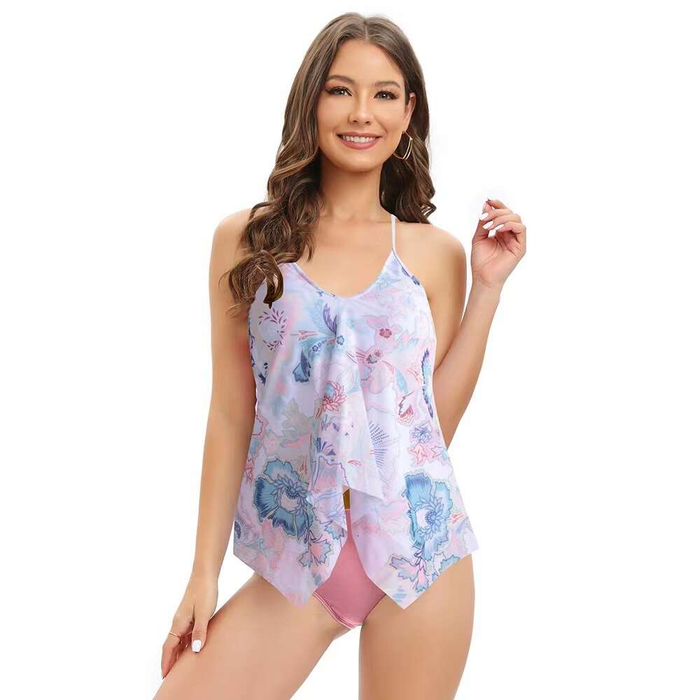 2024 Split Tankini Two-piece Set with Mesh Print Conservative Oversized Swimsuit