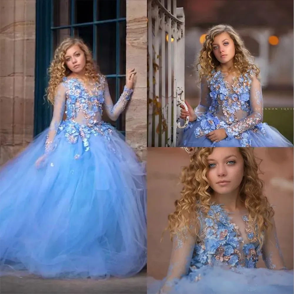 Blue Princess Wers Girls Dresses For Wedding Long Sleeve Appliques Beads Ball Gown Kids Pageant Gowns First Holy Communion Dress 0914
