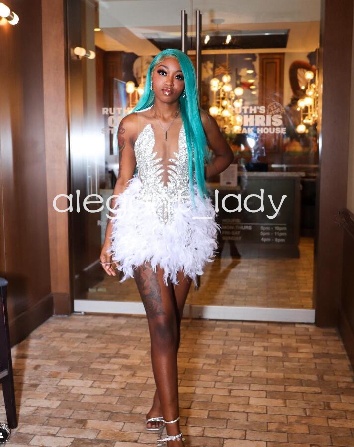 White Short Prom Homecoming Dresses for Black Girl Sparkly Diamond Crystal Feather Birthday Cocktail Gala Gown vestidos de fiest evening