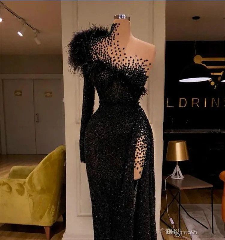 Real Image Chic Prom Evening Dresses Glitter Sequins Feather Beads Ruffles Luxury Formal Occasion Dress Custom Made Sweep Train Long Party Gown