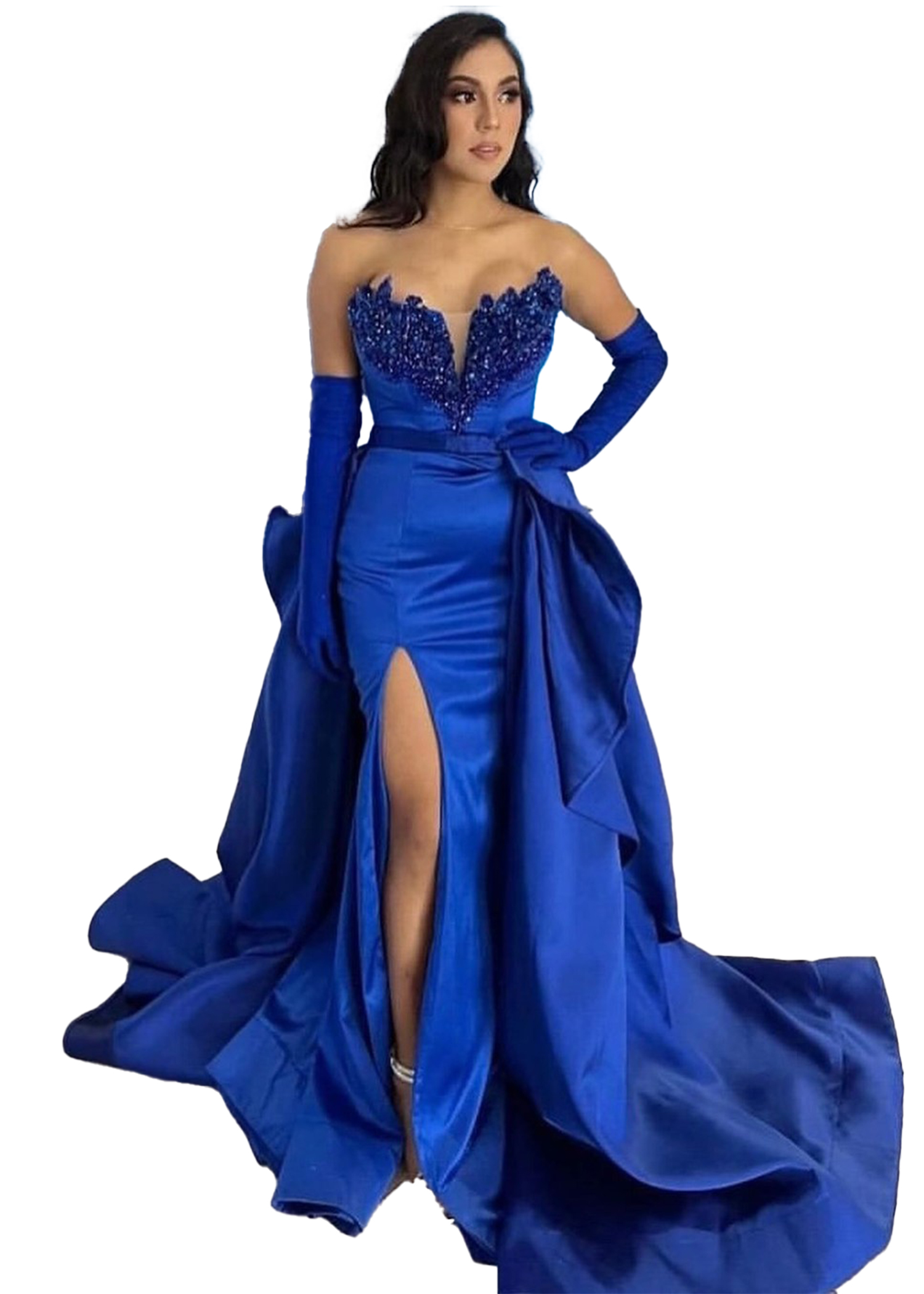 Royal Blue Arabic Mermaid Prom Dresses Long for Women Sweetheart Backless Beads High Side Split Formal Ocn Evening Pageant Birthday Party Gowns No Glo